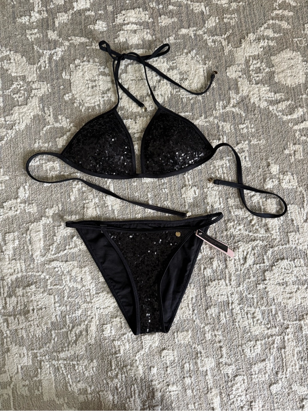 Victoria's Secret Black Sequin Triangle Bikini size medium top xs bottoms NWT